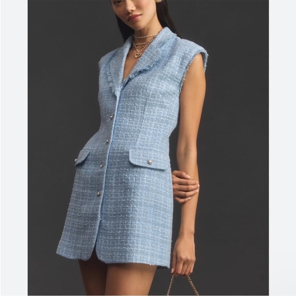 Anthropologie Maeve Sleeveless Tweed Blazer Mini Dress Light Blue Sz 6 NEW - Picture 1 of 14